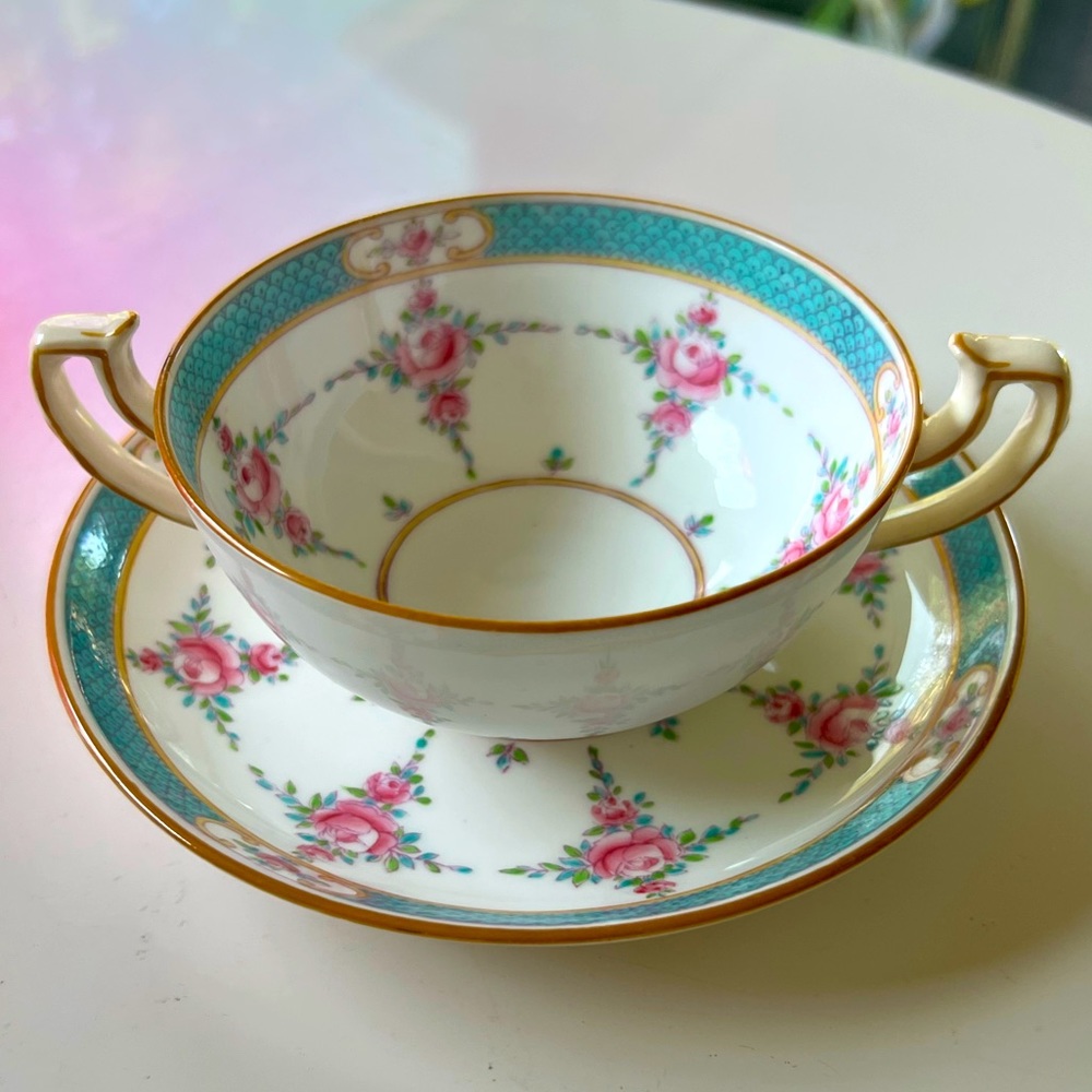 Vintage Rare MINTON CHINA PERSIAN ROSE B838 (OLDER) BOUILLON CUP SAUCER SET